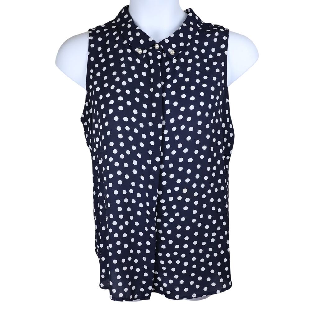 Karl Lagerfeld Women Sleeveless Button Down Blouse Navy Polka Dot M